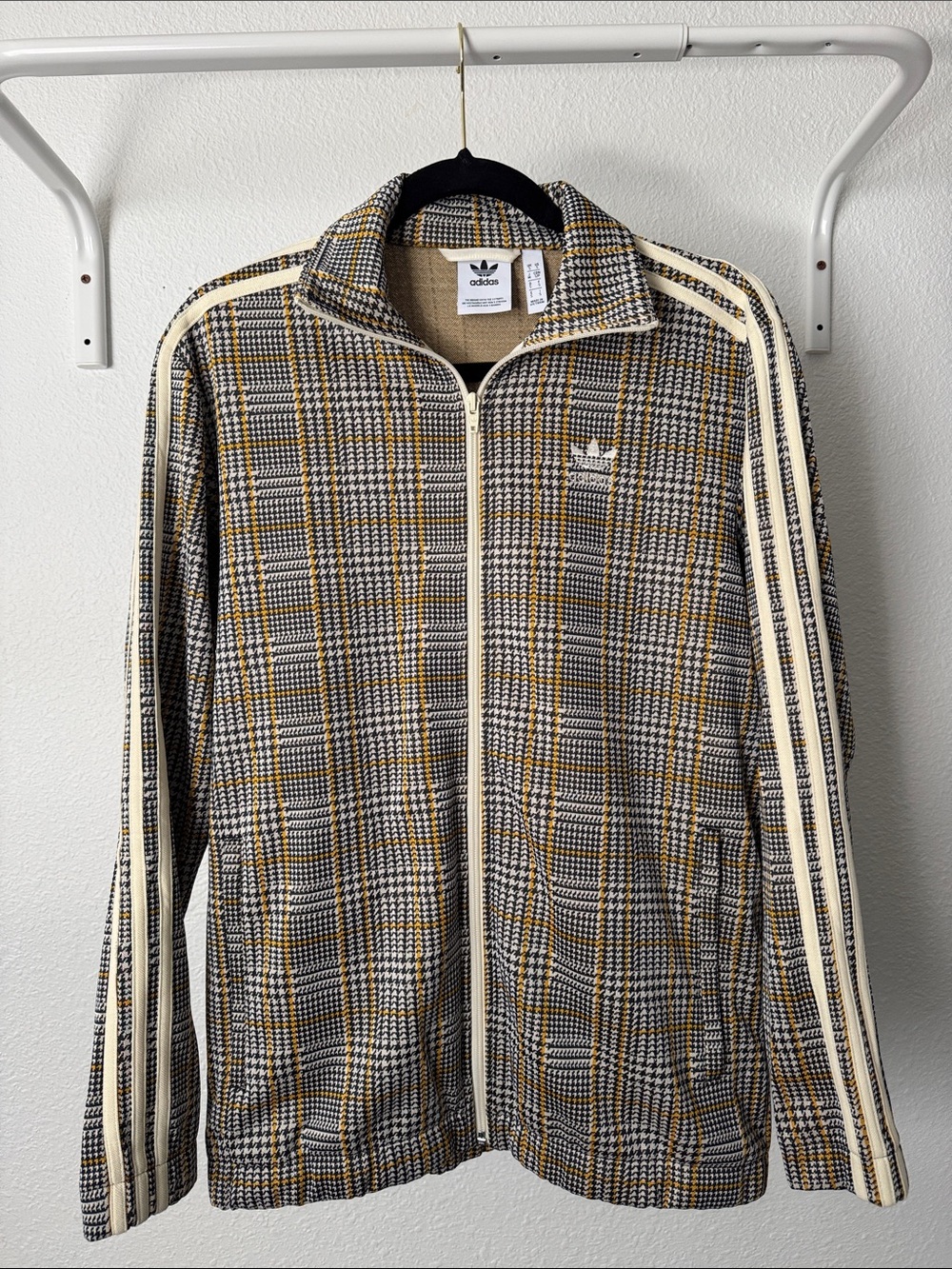 ADIDAS mustard & black houndstooth pattern plaid track jacket, cream arm stripes